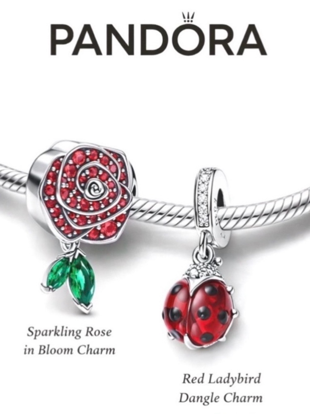 PANDORA Red Ladybird Dangle Charm & Sparkling Rose in Bloom (2 in one box)